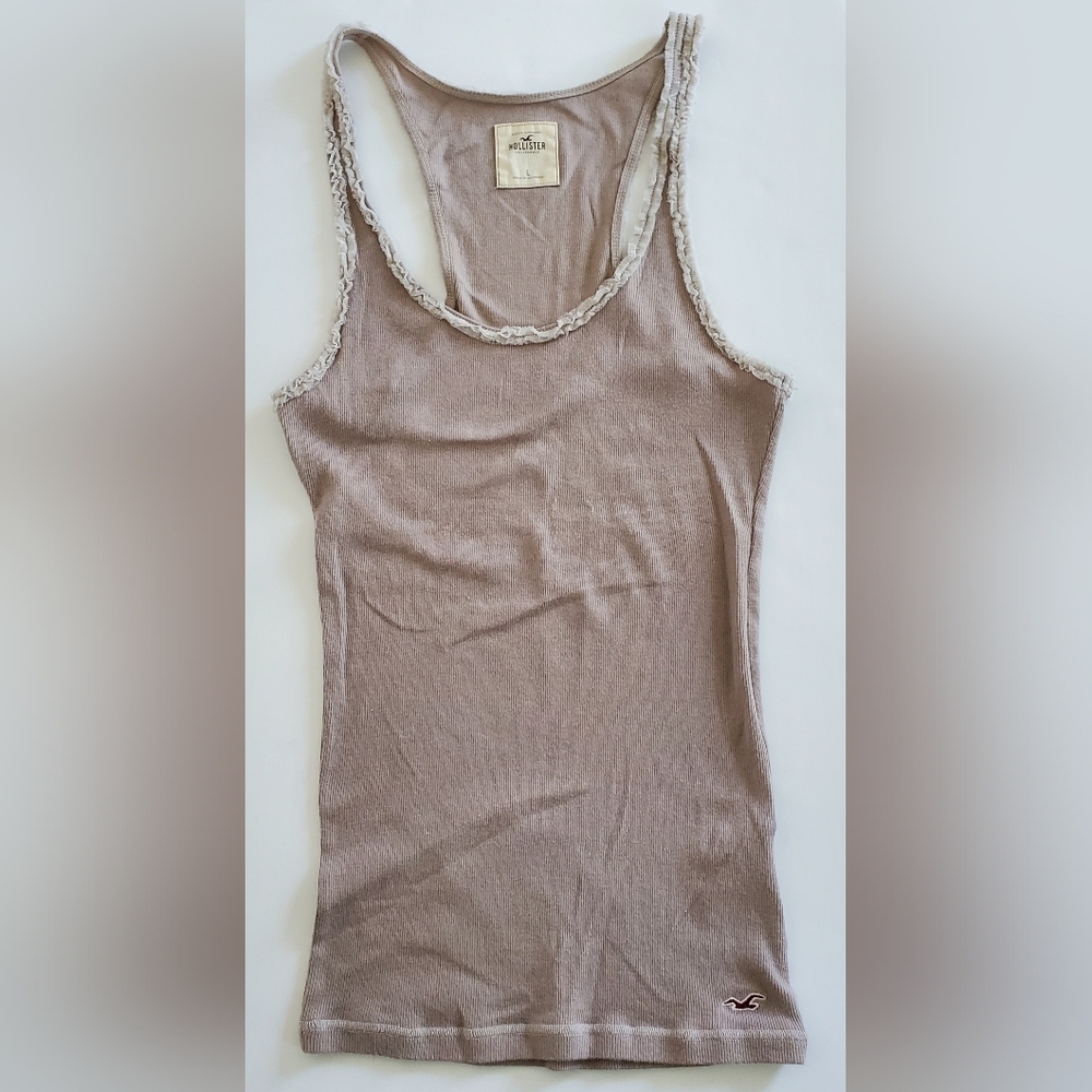 Hollister Embellished Tan Ribbed Racerback Tank Top Women's Size L